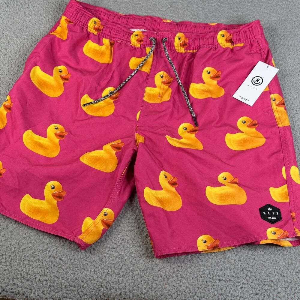 NEFF Rubber Duck Mens XL x 9" Inseam Pink Yellow Bathing Suit Swim Trunks Lined